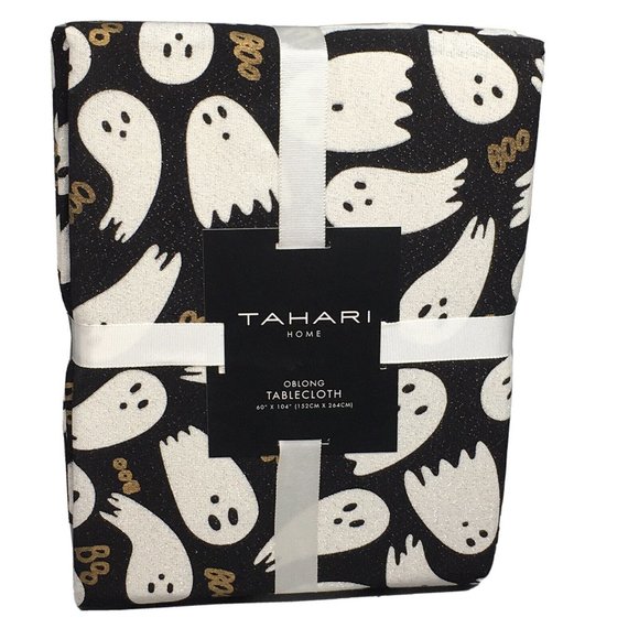 Tahari Halloween Ghost Boo Tablecloth 60x104 Black Silver Sparkle Gold Cotton - Picture 1 of 6